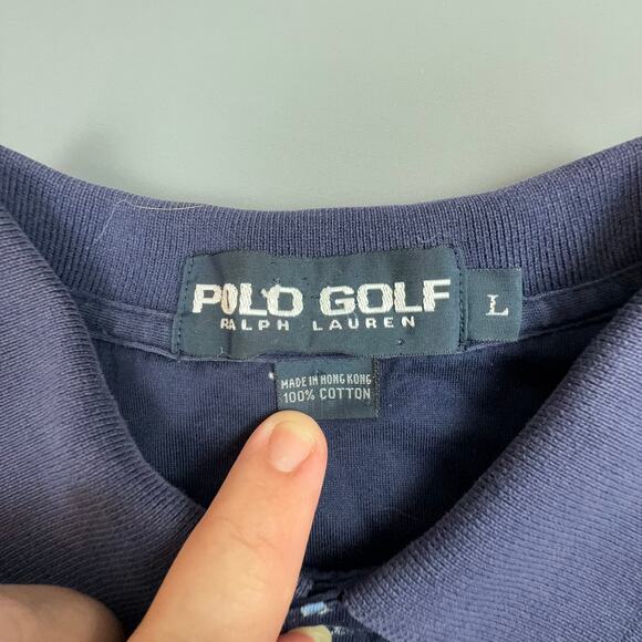 Vintage Polo Golf Ralph Lauren Golfer Print Polo Shirt L Navy All Over Print - Picture 5 of 5